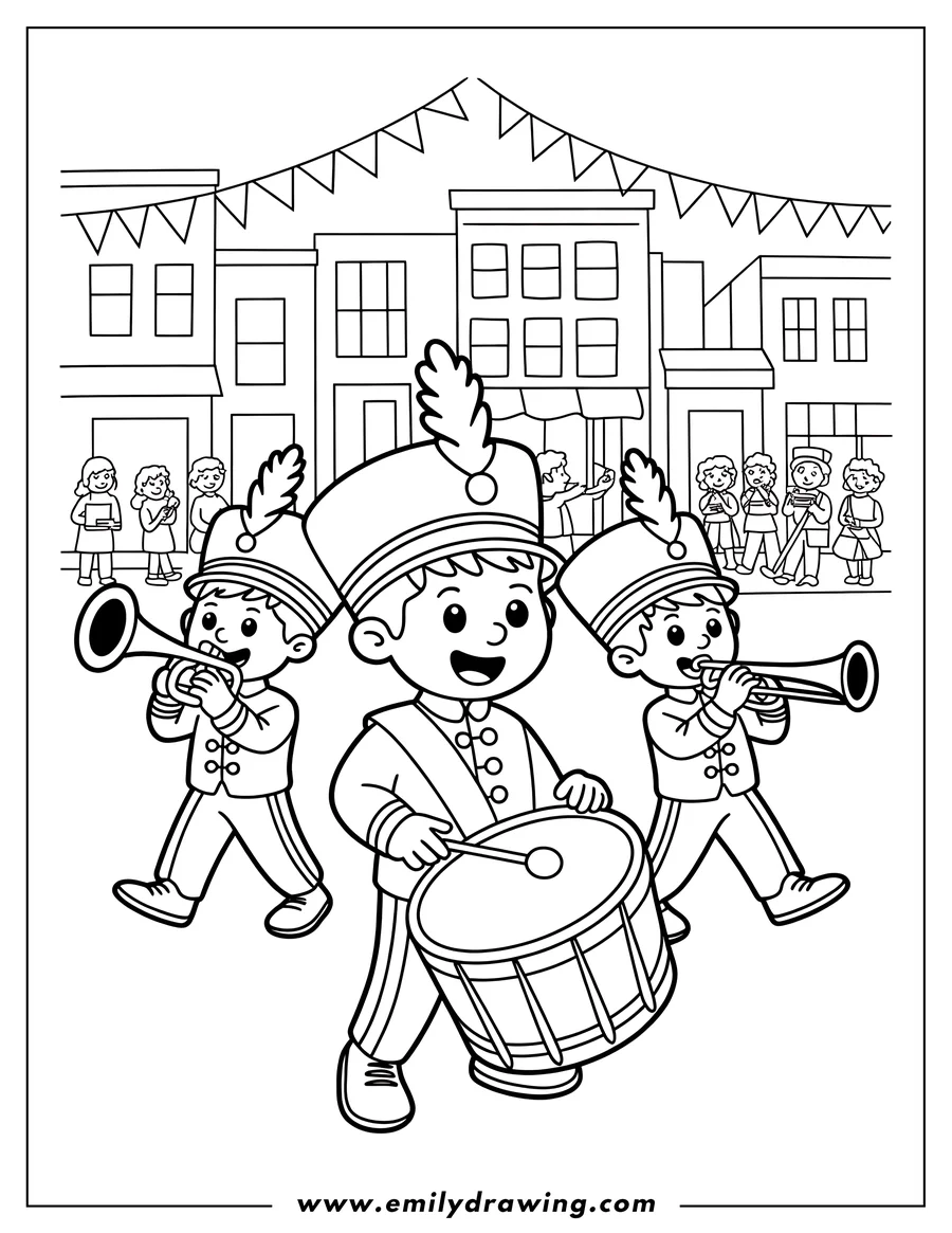 Line art of three children in a marching band uniform playing instruments in a parade. Two are playing trumpets, and one is playing a drum. Spectators watch from the sidewalk. Buildings and festive banners line the street.