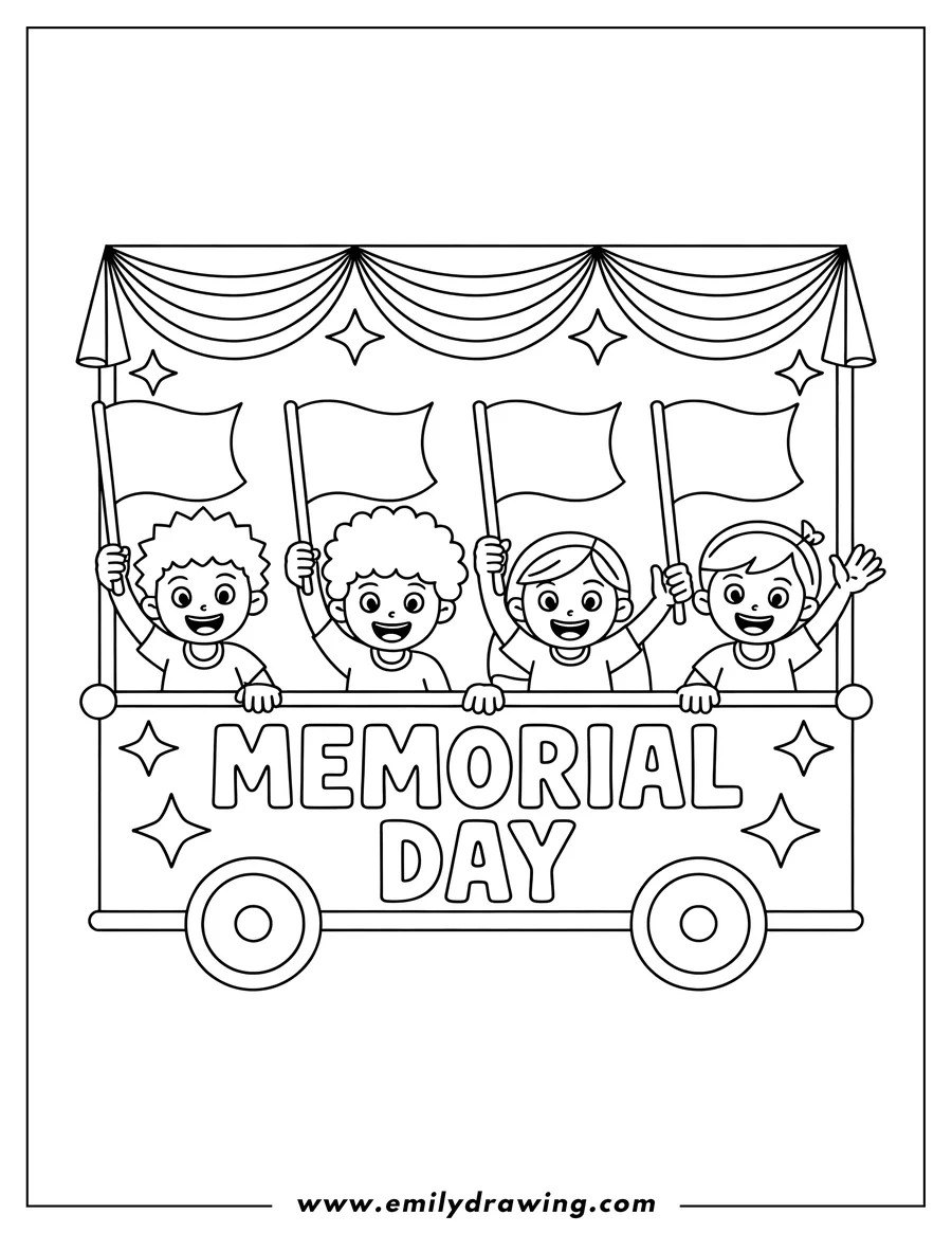 Four children holding flags and riding in a decorated Memorial Day parade float.