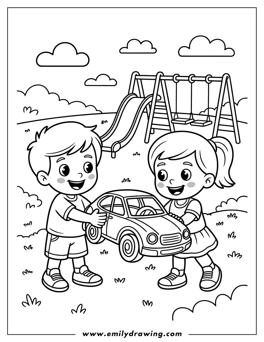 Outline of two children, a boy and a girl, playing with a toy car at the playground. A slide and swings are visible in the background.