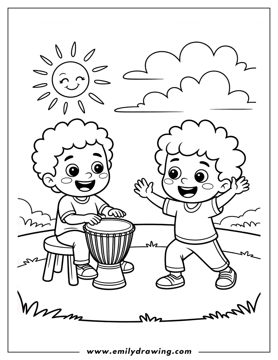 Line art of two children playing outside. One child sits on a stool and plays a drum. The other child dances. A smiling sun and some fluffy clouds are in the sky.