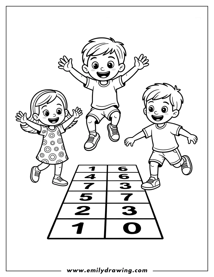 Outline of three children joyfully playing hopscotch. One child jumps with arms raised, another steps onto a square, and a third child looks on, all near the numbered hopscotch grid.