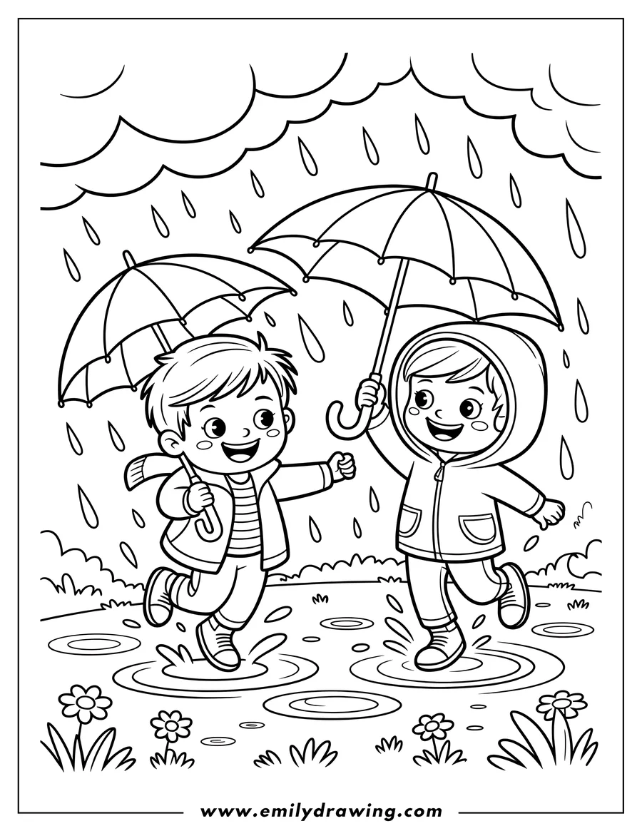 Two children with umbrellas jumping in rain puddles. It's raining and there are flowers growing nearby.