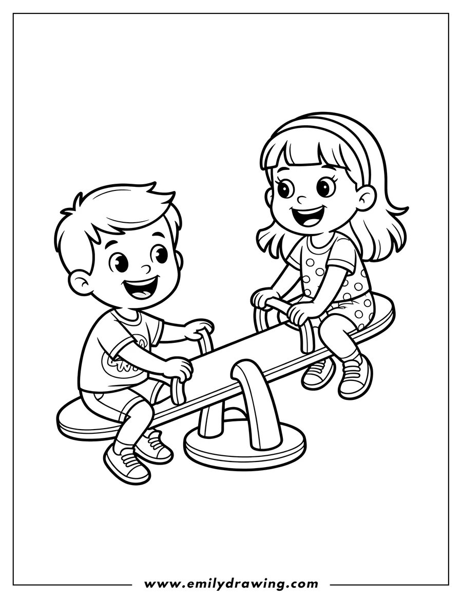 Line art of two children, a boy and a girl, happily playing on a seesaw.
