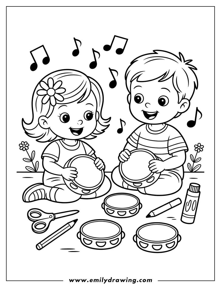Line art of a boy and girl playing tambourines. Musical notes float above them. Additional tambourines, scissors, a pencil and a glue stick lie nearby.