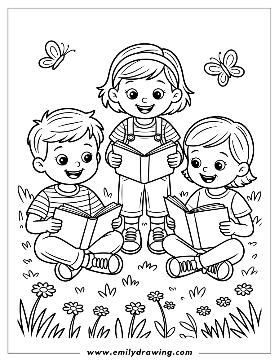 Three young children reading books in a field of flowers, with butterflies fluttering around them.