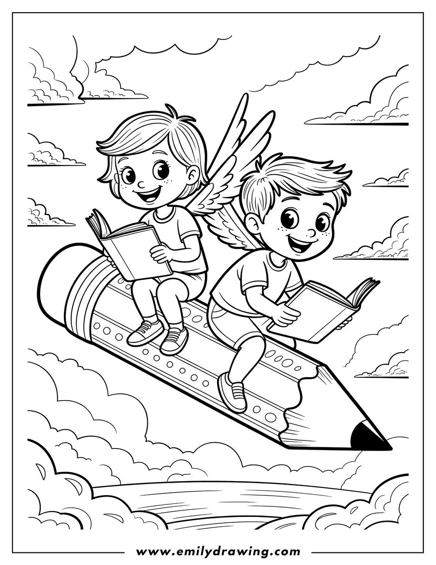 Line art of two children reading books while riding on a large pencil through the clouds.