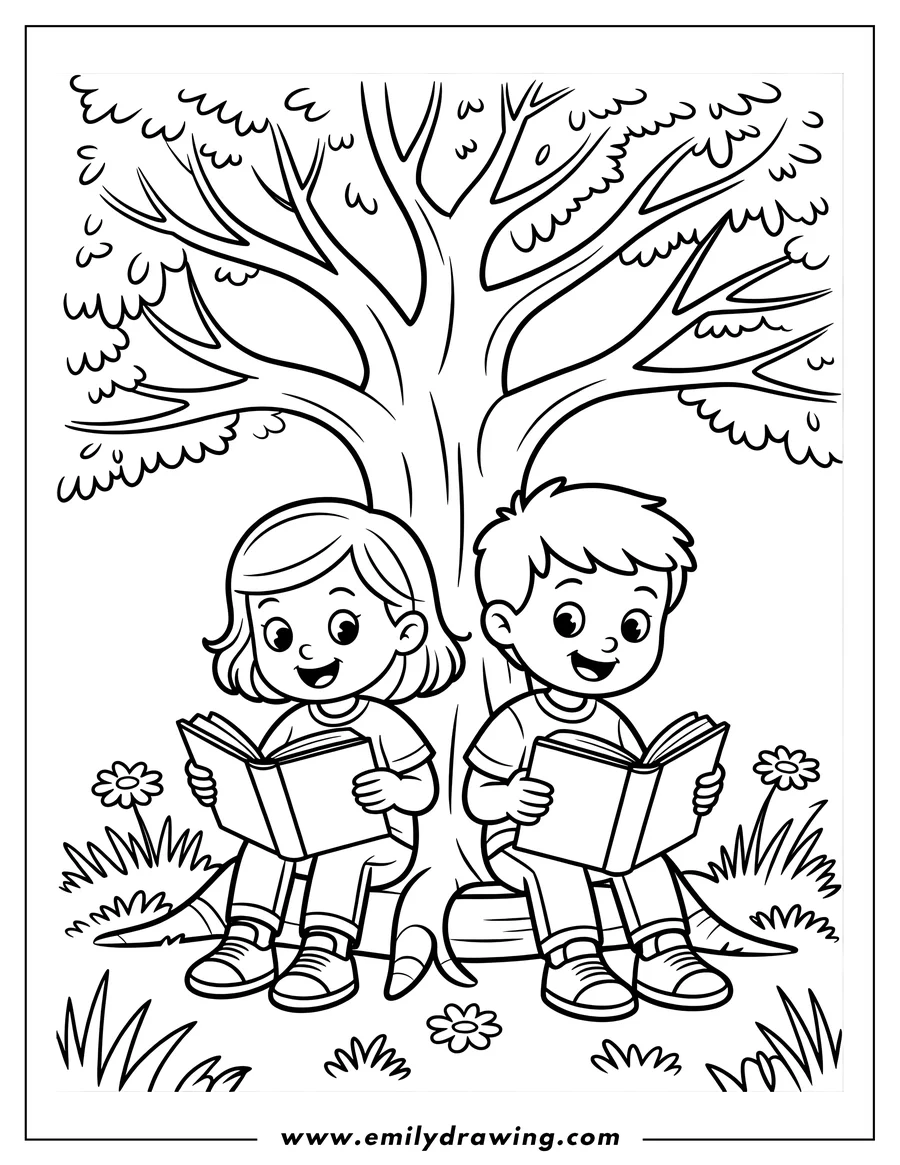 Outline of two children sitting under a tree reading books. Flowers and grass are visible around them.