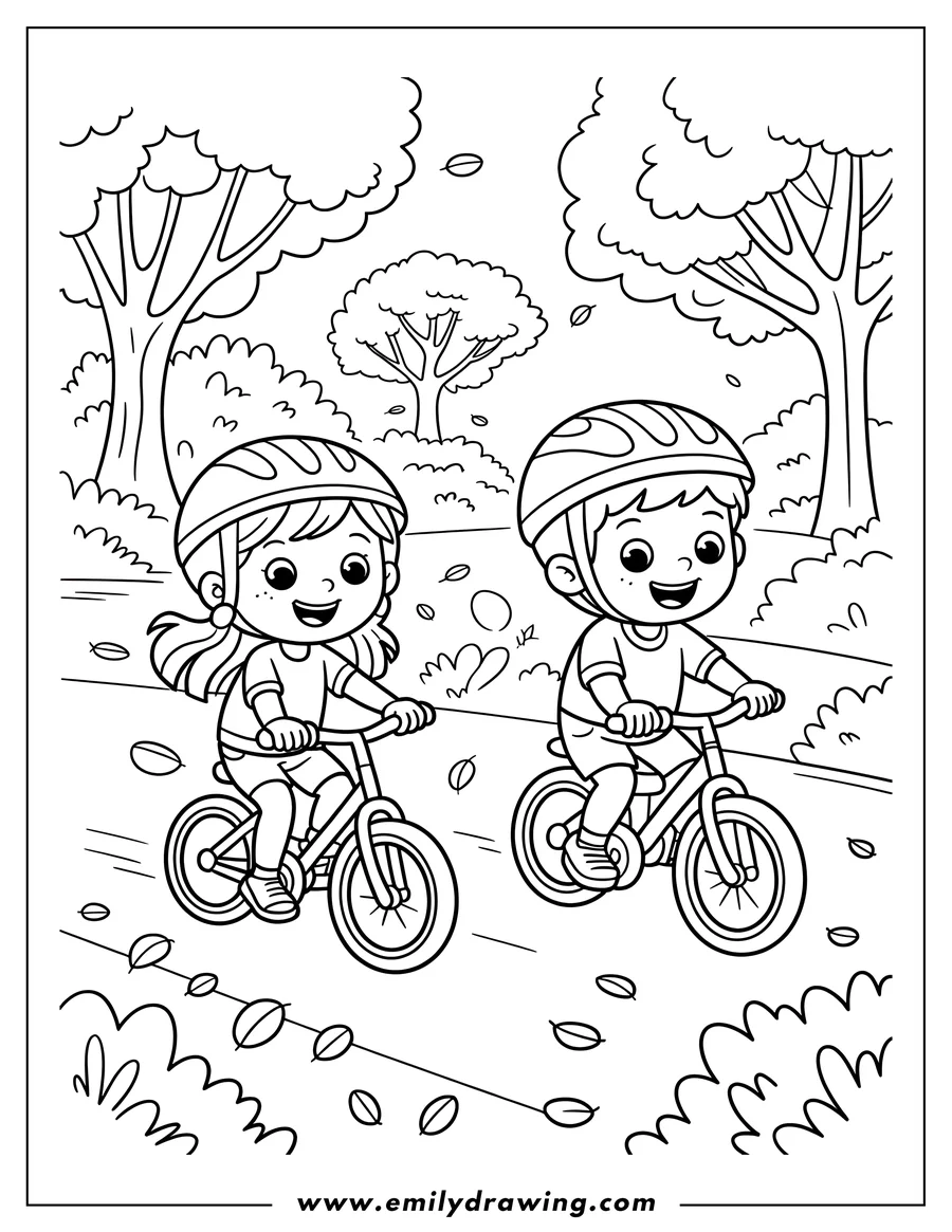 Two young children wearing helmets ride their bicycles through an autumn park with leaves falling from the trees.