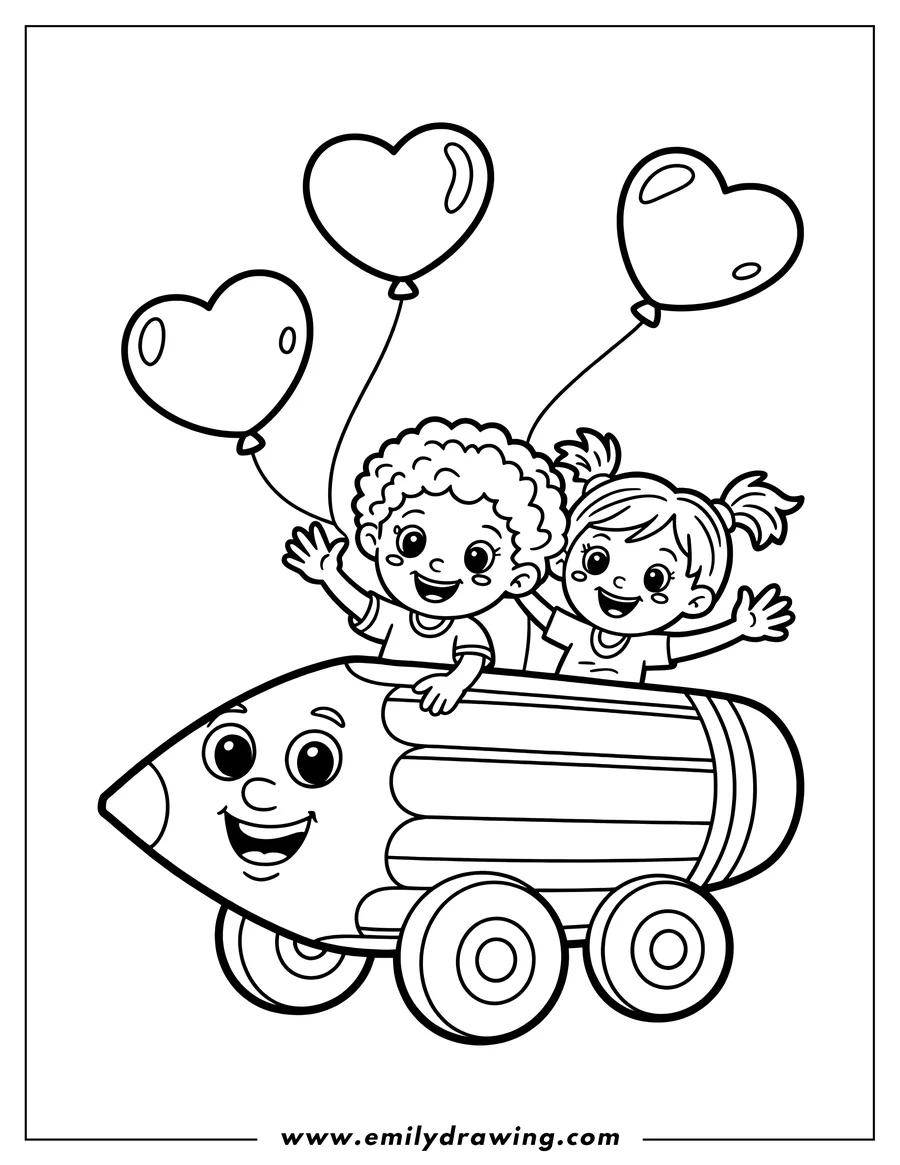 Line art of two children riding in a car shaped like a pencil with heart-shaped balloons.