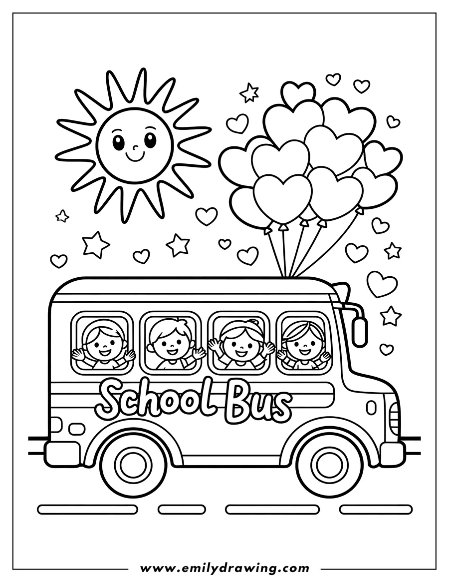 Outline of happy children waving from the windows of a school bus. Heart-shaped balloons float above the bus, and a smiling sun shines in the sky.