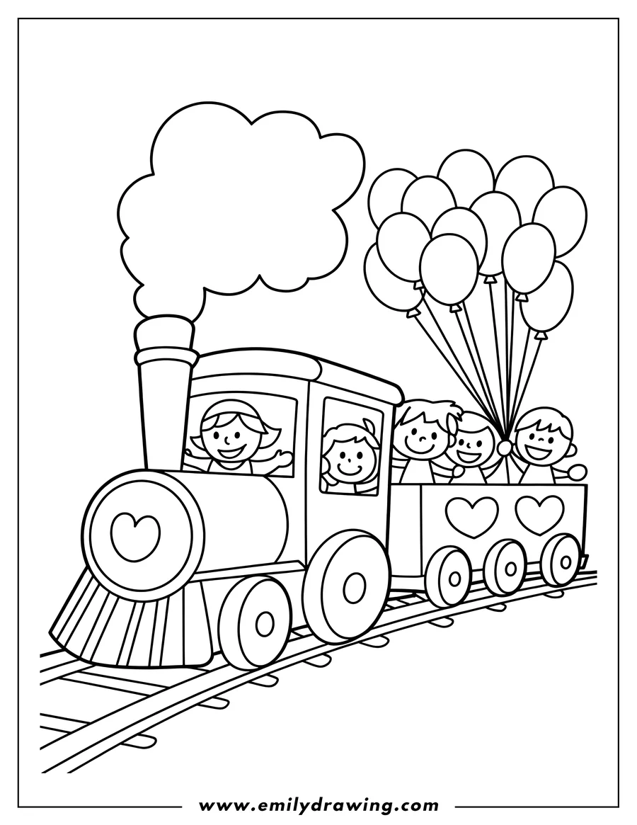 Outline of children riding a train with balloons.  Two children are in the engine car and three children are in the passenger car holding balloons.