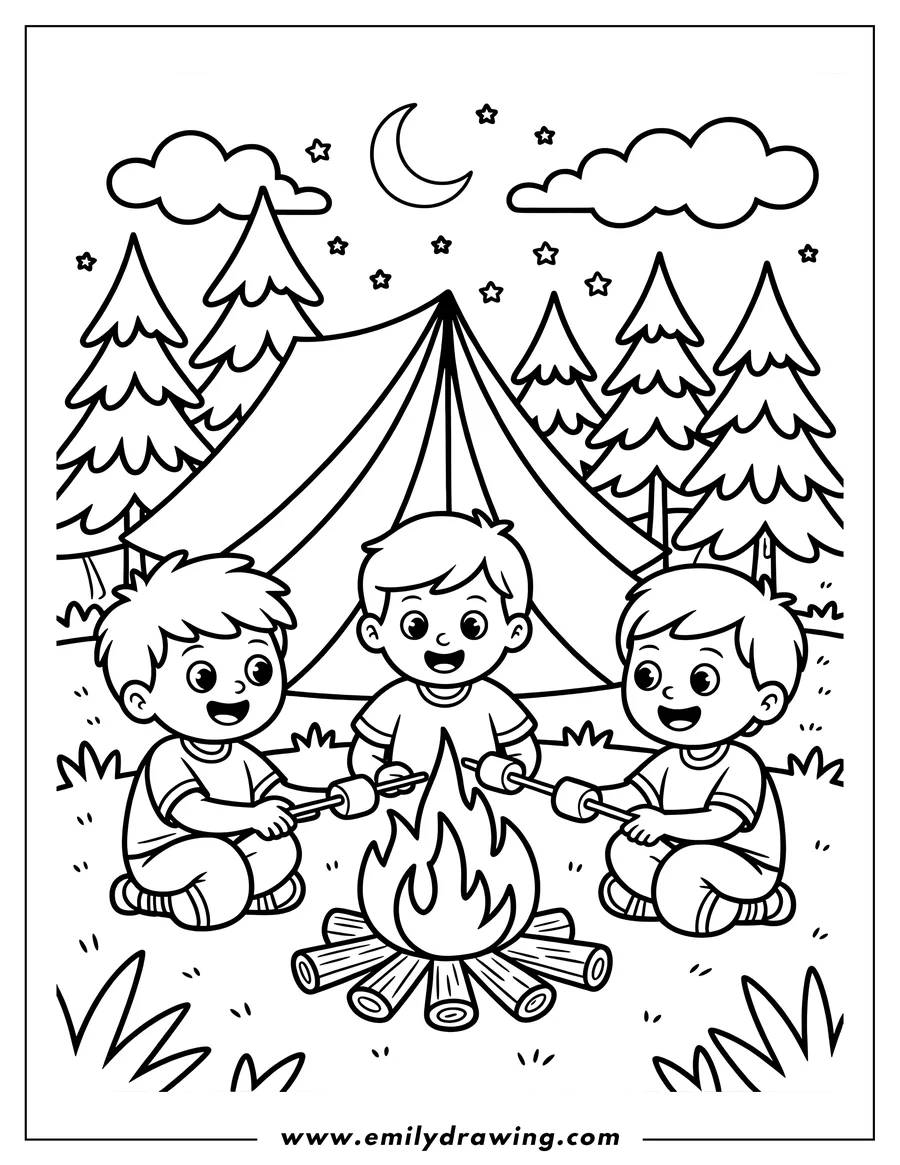 Outline of three children roasting marshmallows over a campfire at their campsite. A tent is pitched behind them, with a night sky and trees in the background.