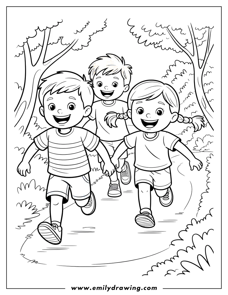 Line art of three children running through a park. Two boys and a girl are holding hands and smiling.