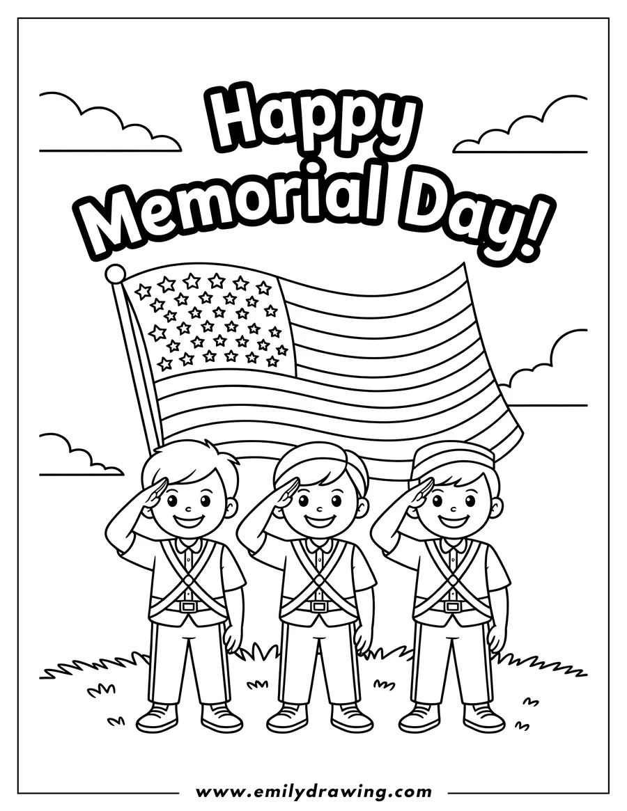 Three children saluting the American flag on Memorial Day.