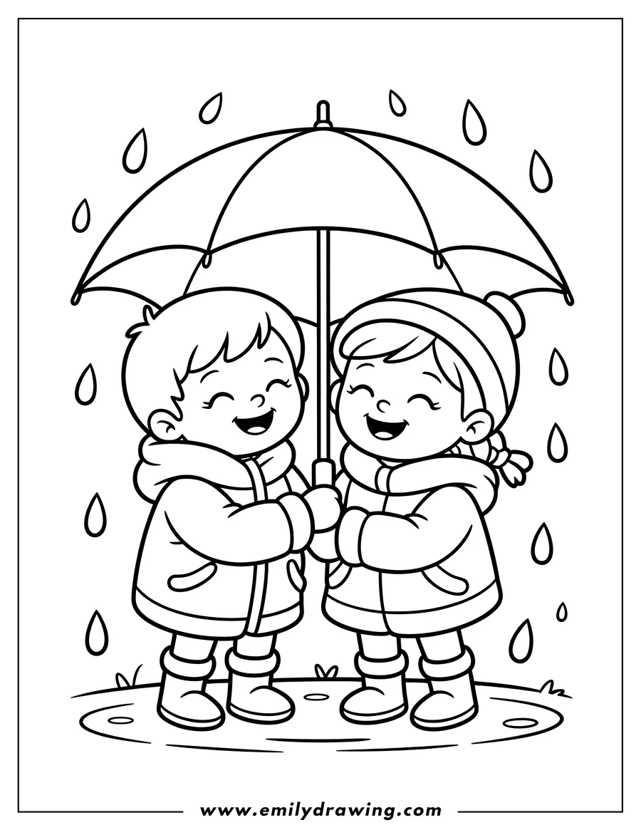 Two children sharing an umbrella in the rain. They are wearing raincoats and boots, and have happy expressions on their faces. Raindrops and small puddles are visible around them.