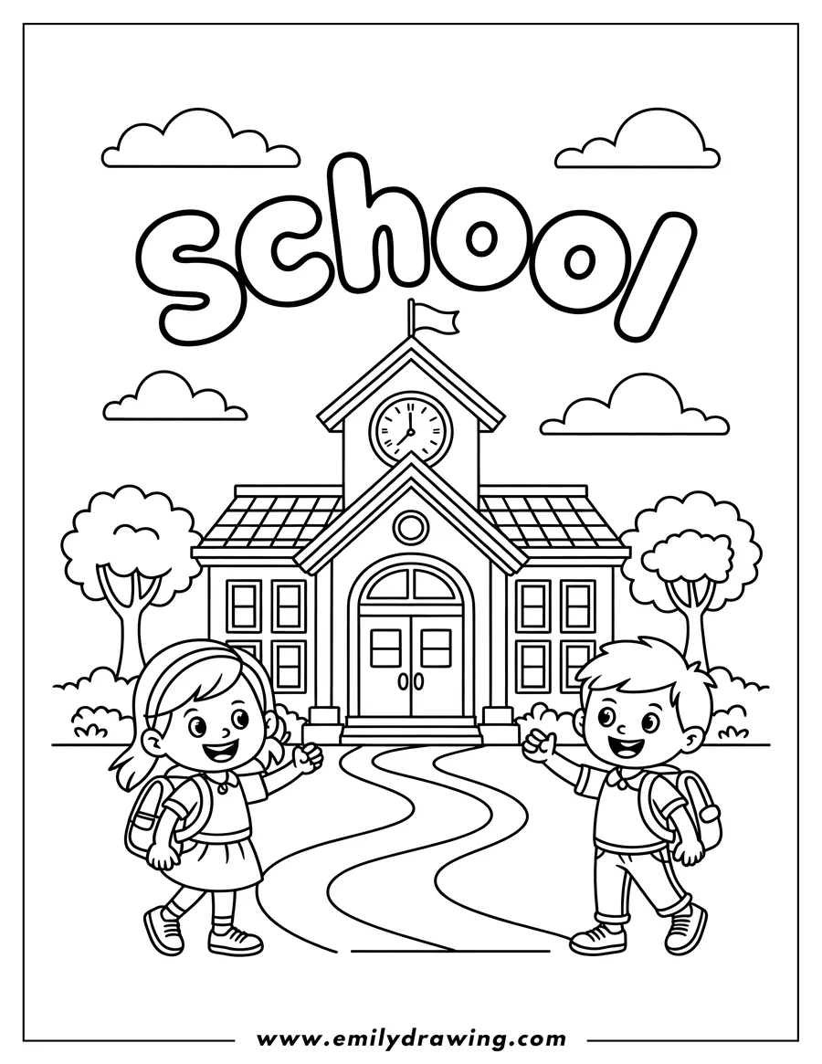 Line art of two cheerful children, a girl and a boy, walking towards a school building with backpacks. The scene includes trees, bushes, clouds, and a winding path leading to the school entrance.