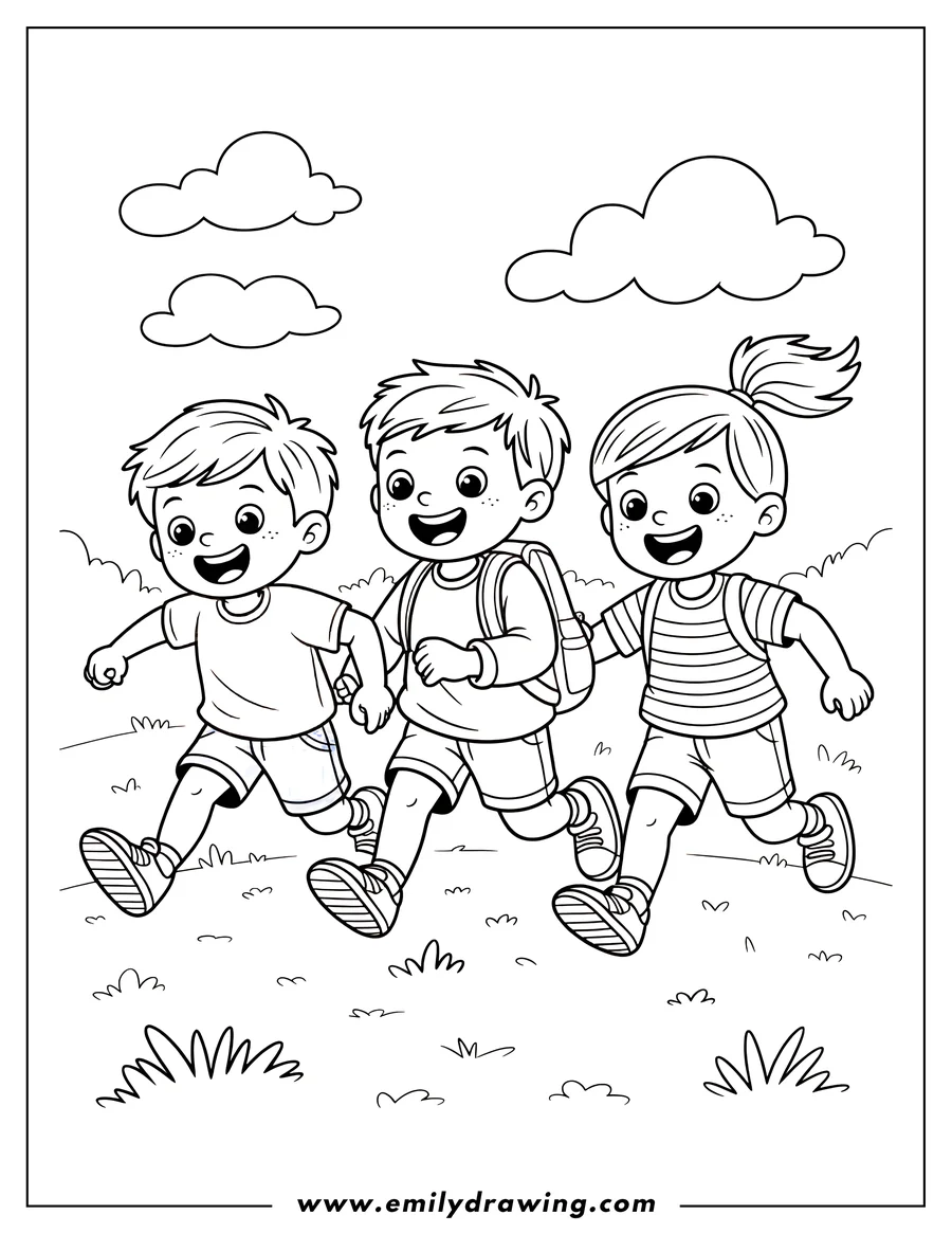Line art of three children holding hands and walking together outdoors. The central child has a backpack on. Tufts of grass and clouds are visible in the background.