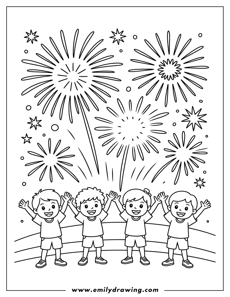 Outline of four children with their arms raised, watching a fireworks display bursting above them. Stars and circles are scattered around the fireworks.