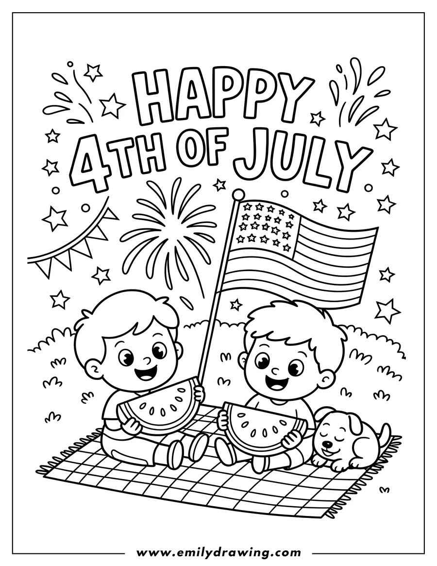 Line art of two children eating watermelon slices on a picnic blanket with a small dog. An American flag and fireworks are in the background.