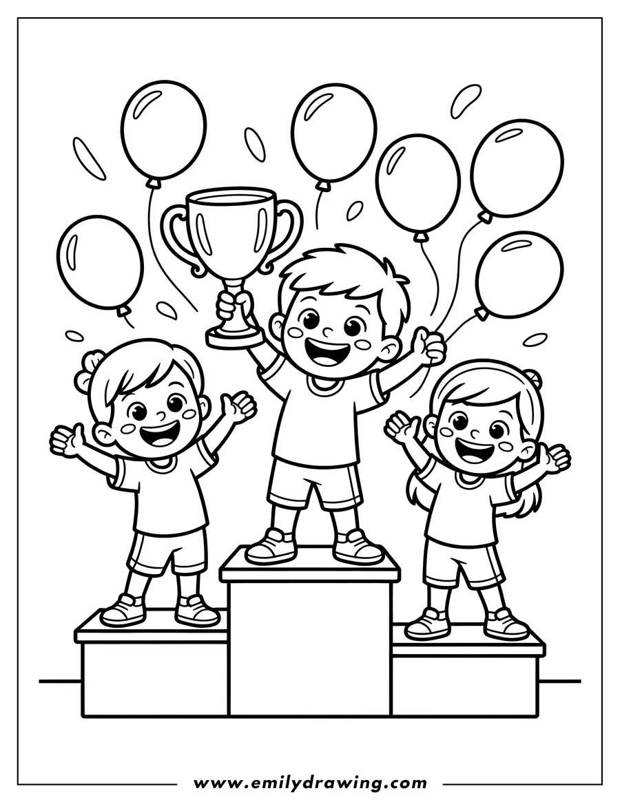 Line art of three happy children celebrating on a winners podium. The center child holds a trophy, and balloons float around them.
