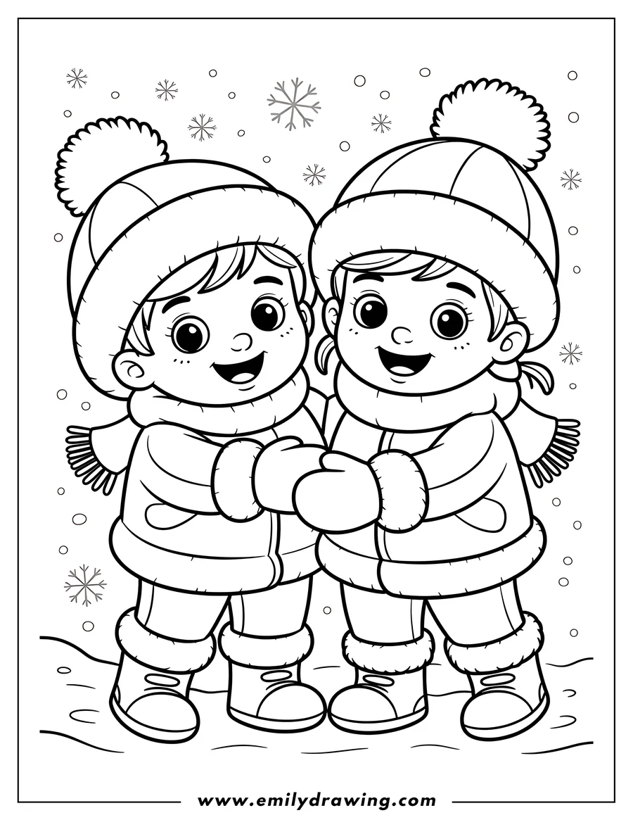 Line art of two children wearing winter hats, scarves, coats, mittens, and boots, standing in the snow.