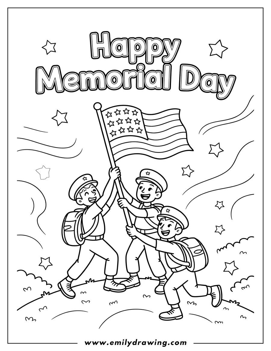 Three children holding up an American flag with stars and stripes. They're wearing caps and backpacks, possibly for a Memorial Day parade or celebration.