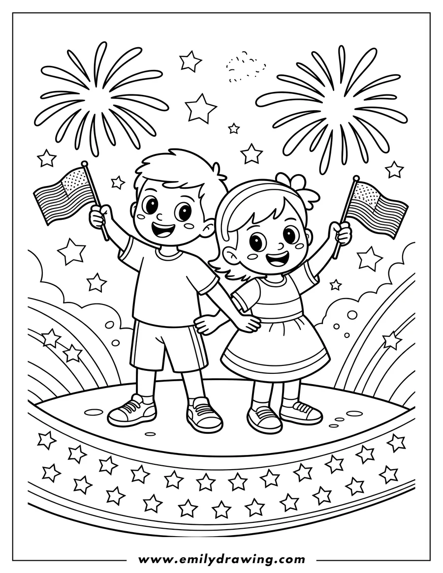 Line art of two children, a boy and a girl, holding American flags. Fireworks explode in the background. The children stand on a star-decorated platform.