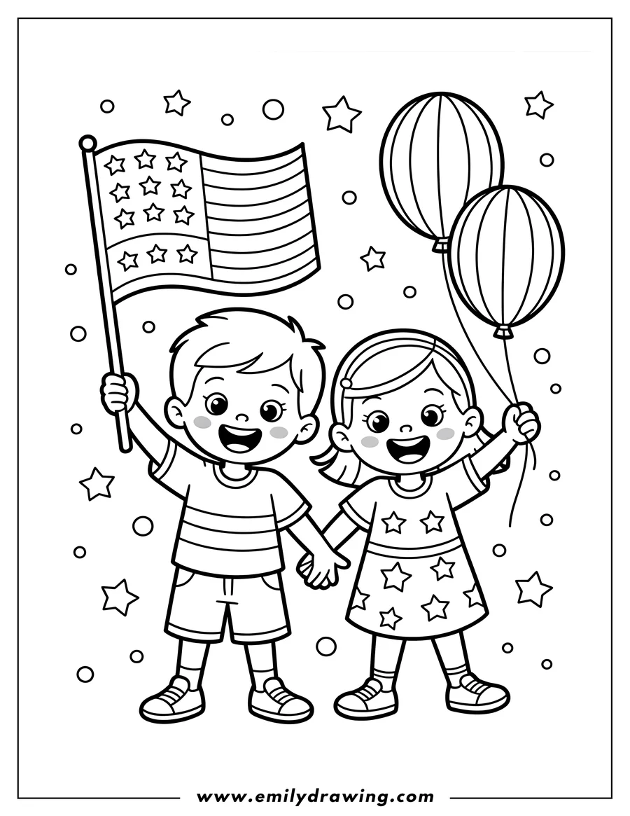 Outline of a boy holding an American flag and a girl holding balloons, celebrating Memorial Day.