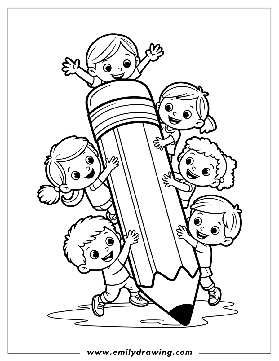 Line art of four children playing with a giant pencil. Two girls and two boys are holding onto the pencil with joyful expressions.