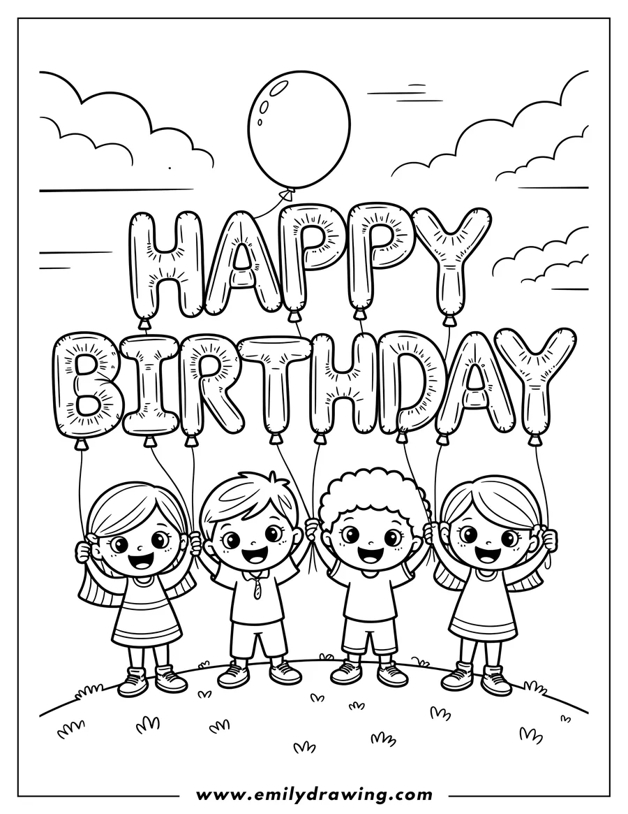 Two boys and two girls holding balloons that spell out Happy Birthday