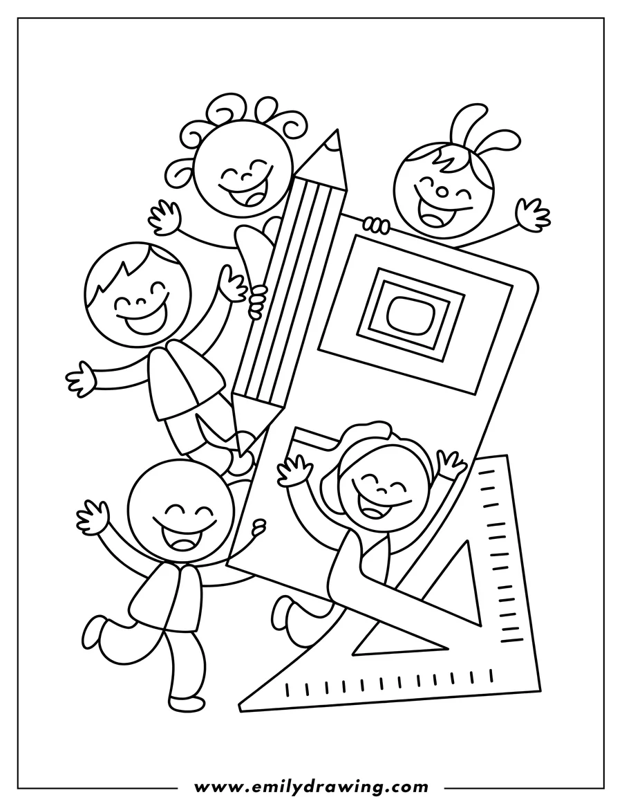 Outline of happy children with school supplies like a pencil, ruler, and notebook.