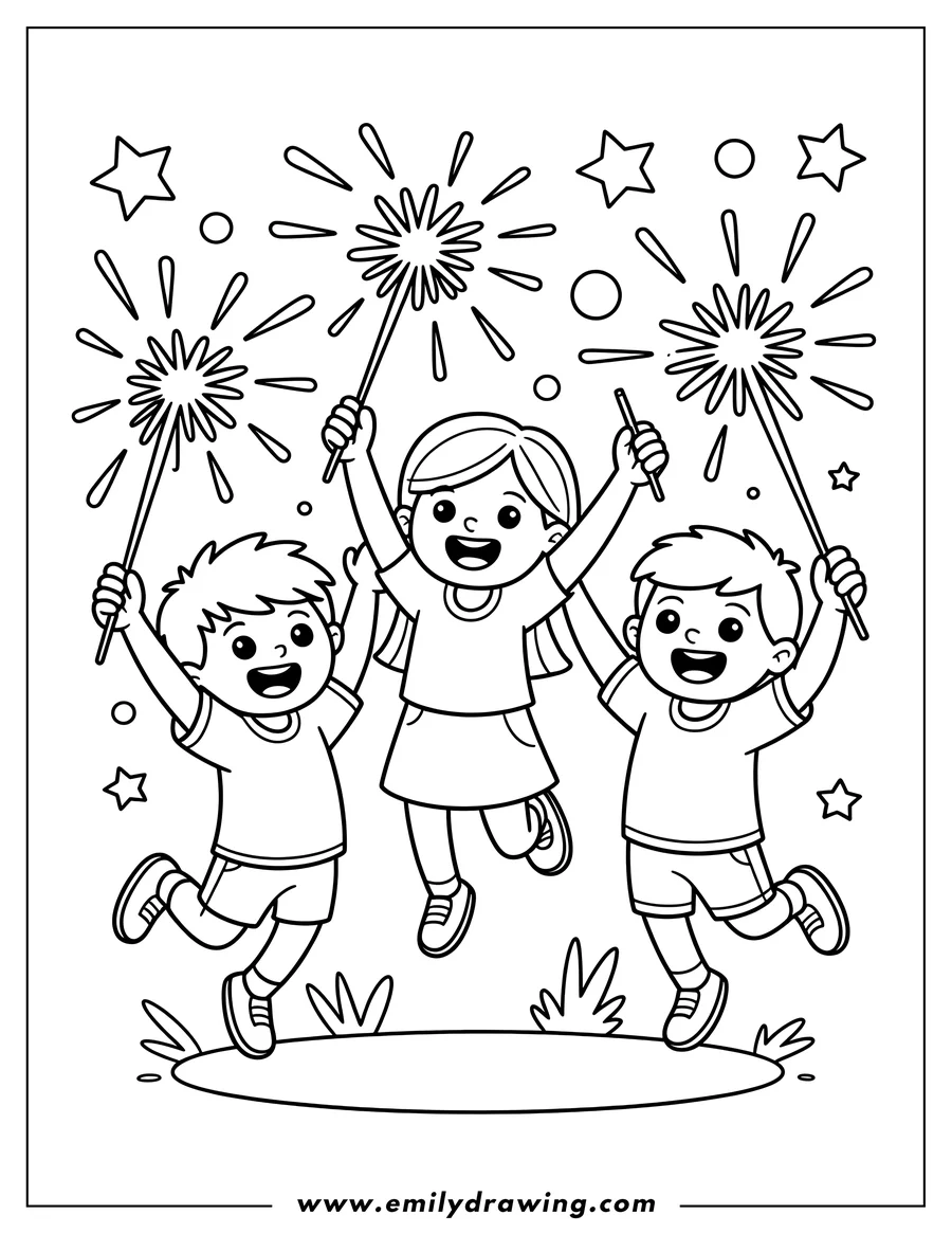 Line art of three happy children jumping with sparklers. Stars and circles decorate the background, adding to the festive atmosphere.