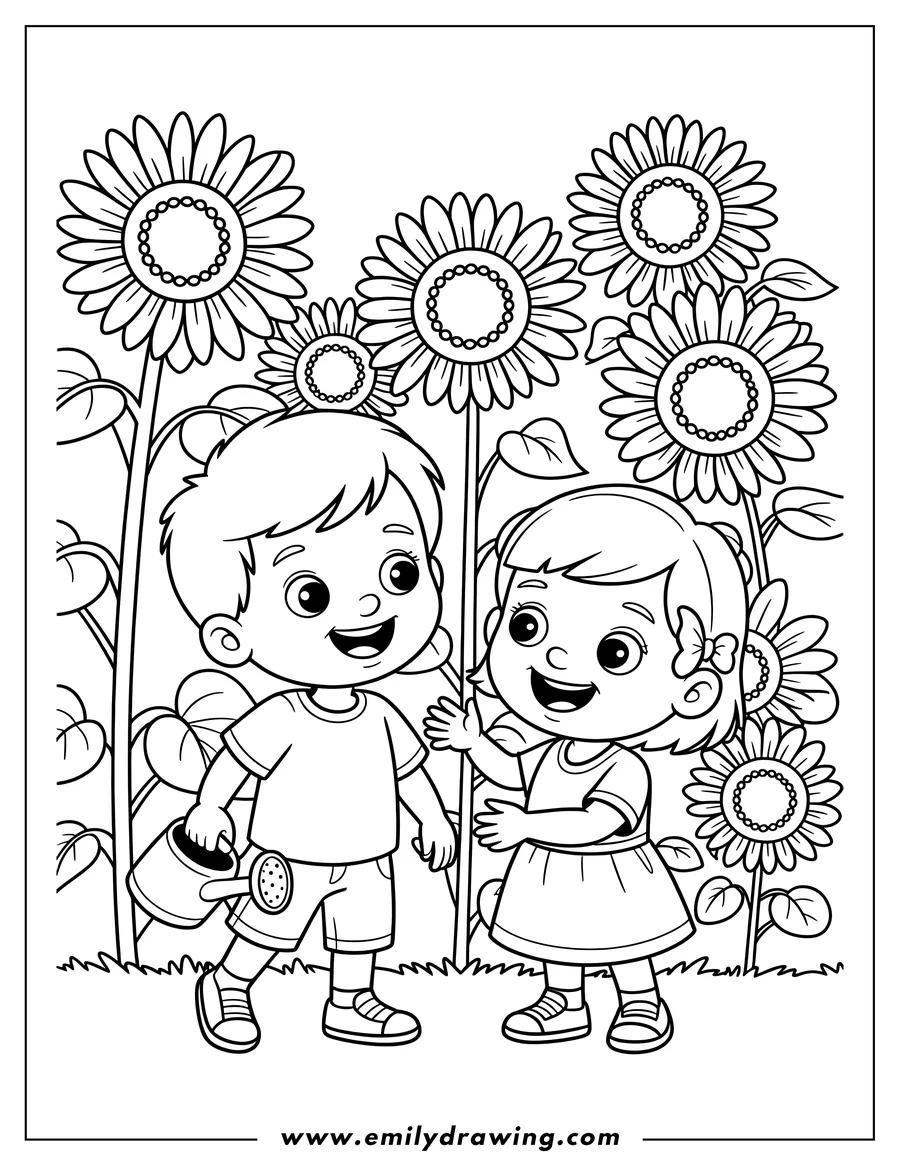 Line art of two young children standing near tall sunflowers. The boy holds a watering can.