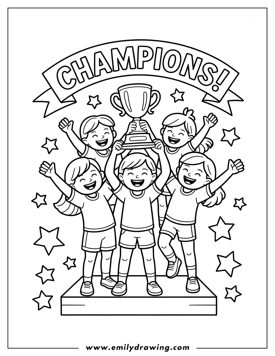 Line art of a group of happy children holding up a trophy on a podium, surrounded by stars.