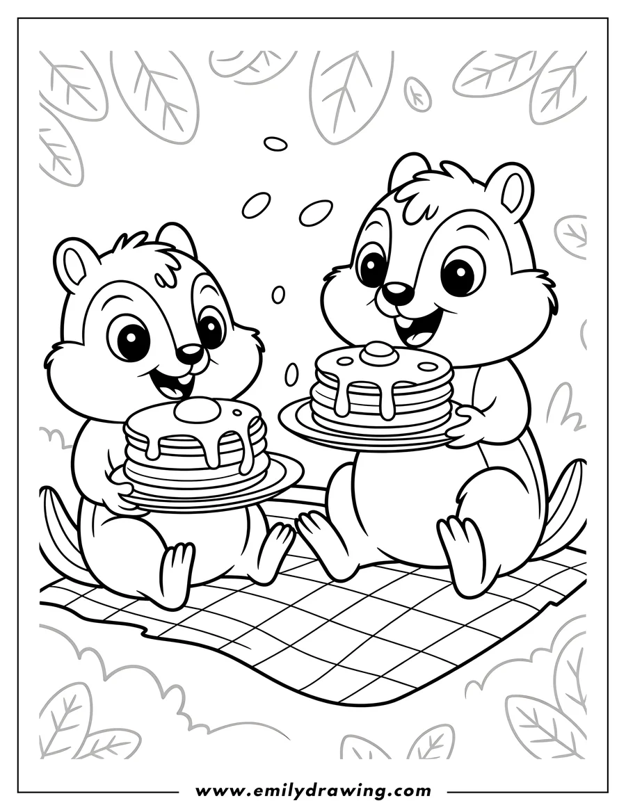 Two chipmunks sit on a picnic blanket, each holding a plate of pancakes. One chipmunk is about to take a bite.