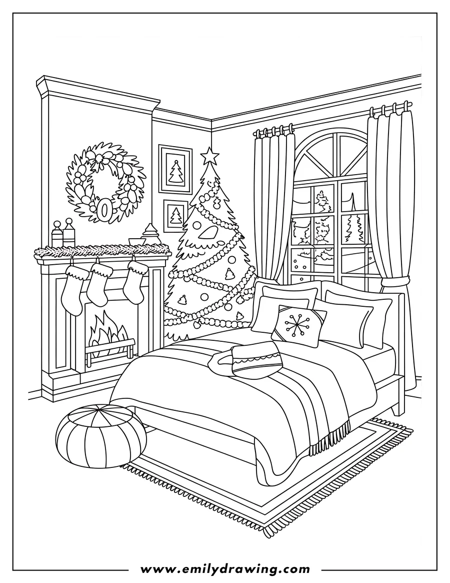Outline of a cozy Christmas bedroom scene. A decorated Christmas tree stands near a fireplace with stockings hung. A bed with pillows and blankets is visible, and a winter scene is seen through the window.