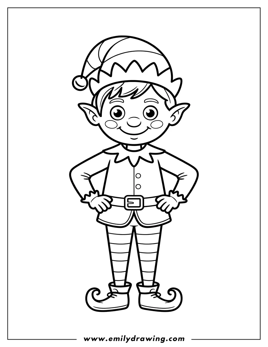 Line art of a cheerful Christmas elf, ready for coloring.