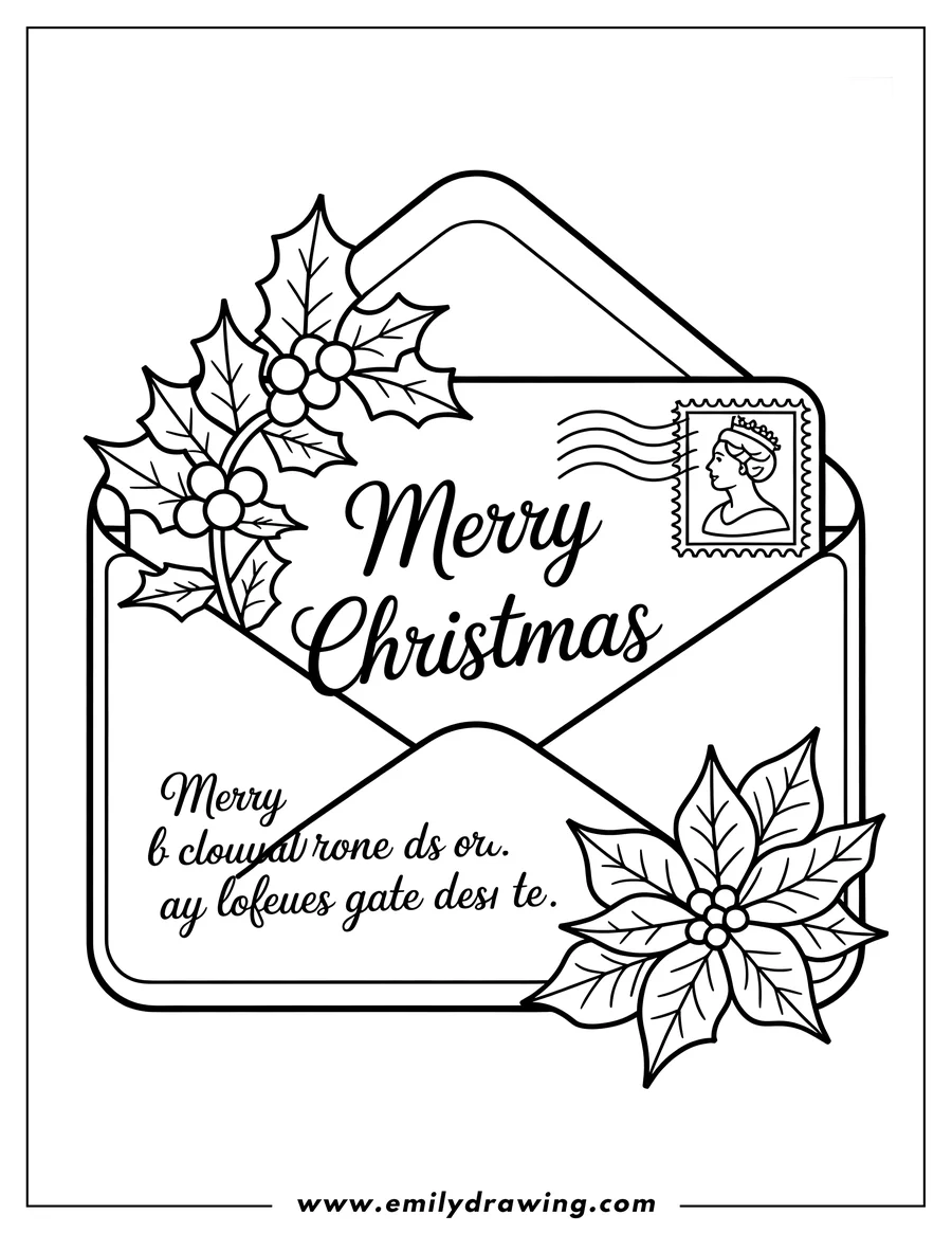 Outline of a Christmas envelope with holly, a poinsettia, and a postage stamp.