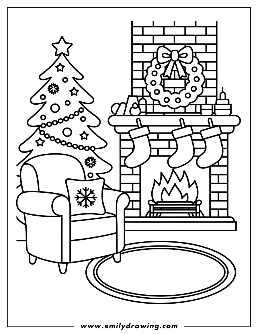 Line art of a Christmas fireplace scene with stockings, a decorated tree, an armchair, and a festive wreath.