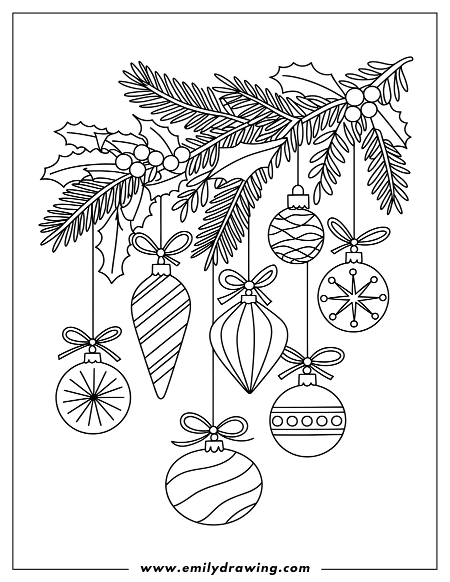 Line art of Christmas ornaments hanging from a holly branch with berries. The ornaments have various patterns.