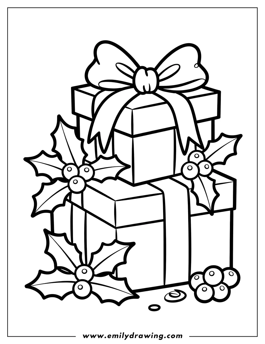 Line art of two Christmas presents stacked, decorated with bows, ribbons, and holly sprigs with berries.