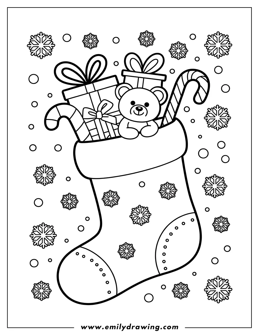 Outline of a Christmas stocking filled with wrapped presents, candy canes, and a cuddly teddy bear, set against a background of snowflakes and circles.