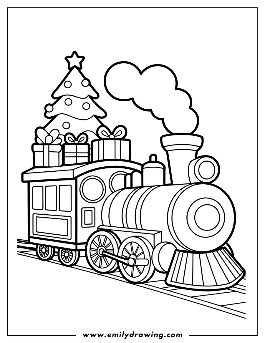 Line art of a Christmas train carrying presents and a decorated Christmas tree.