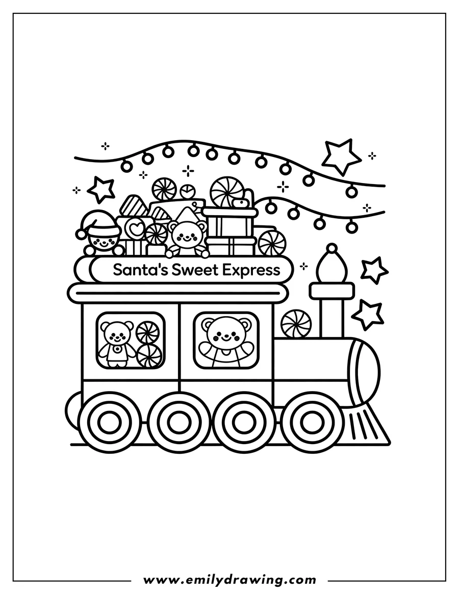 Line art illustration of a festive Christmas train carrying toys, candy, and presents. Two teddy bears are visible in the train's windows, with gifts, candy canes, and lollipops piled on top. Christmas lights and stars decorate the scene.