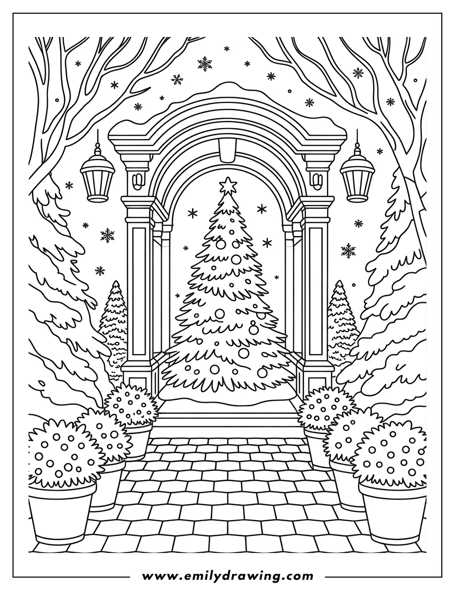 Outline of a decorated Christmas tree beneath a snow-covered archway, flanked by potted plants and smaller trees.