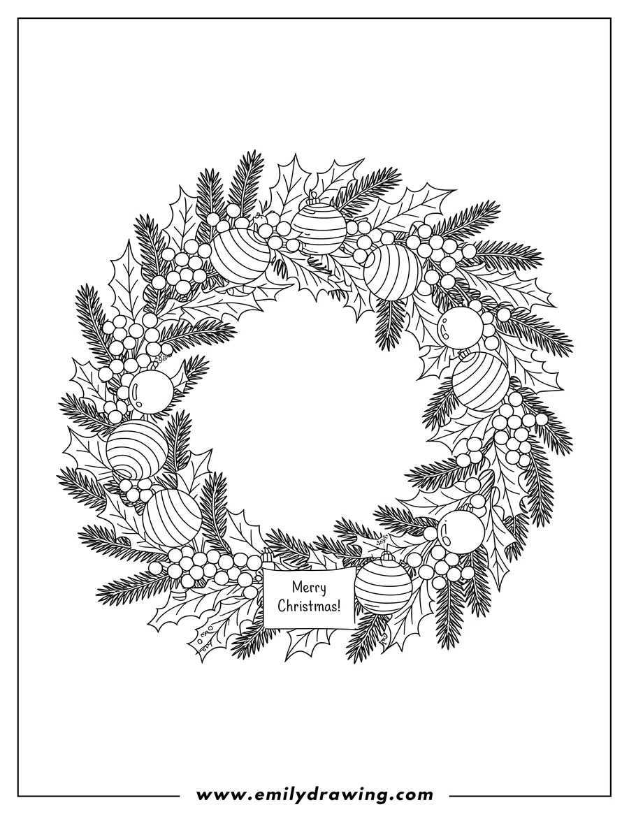 Outline of a Christmas wreath decorated with holly leaves, berries, and ornaments.
