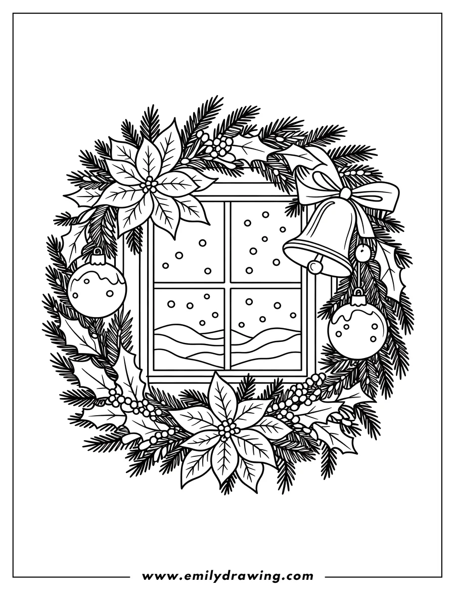Line art of a Christmas wreath with a window view, decorated with pine branches, holly, poinsettias, ornaments, and a bell.