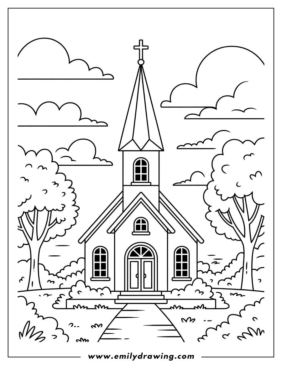 Line art of a church with a tall steeple, surrounded by trees, bushes, and a path. Fluffy clouds float overhead.