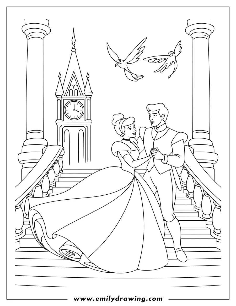 Line art of Cinderella and Prince Charming dancing together on a grand staircase, with two birds flying overhead and a clock tower in the background.