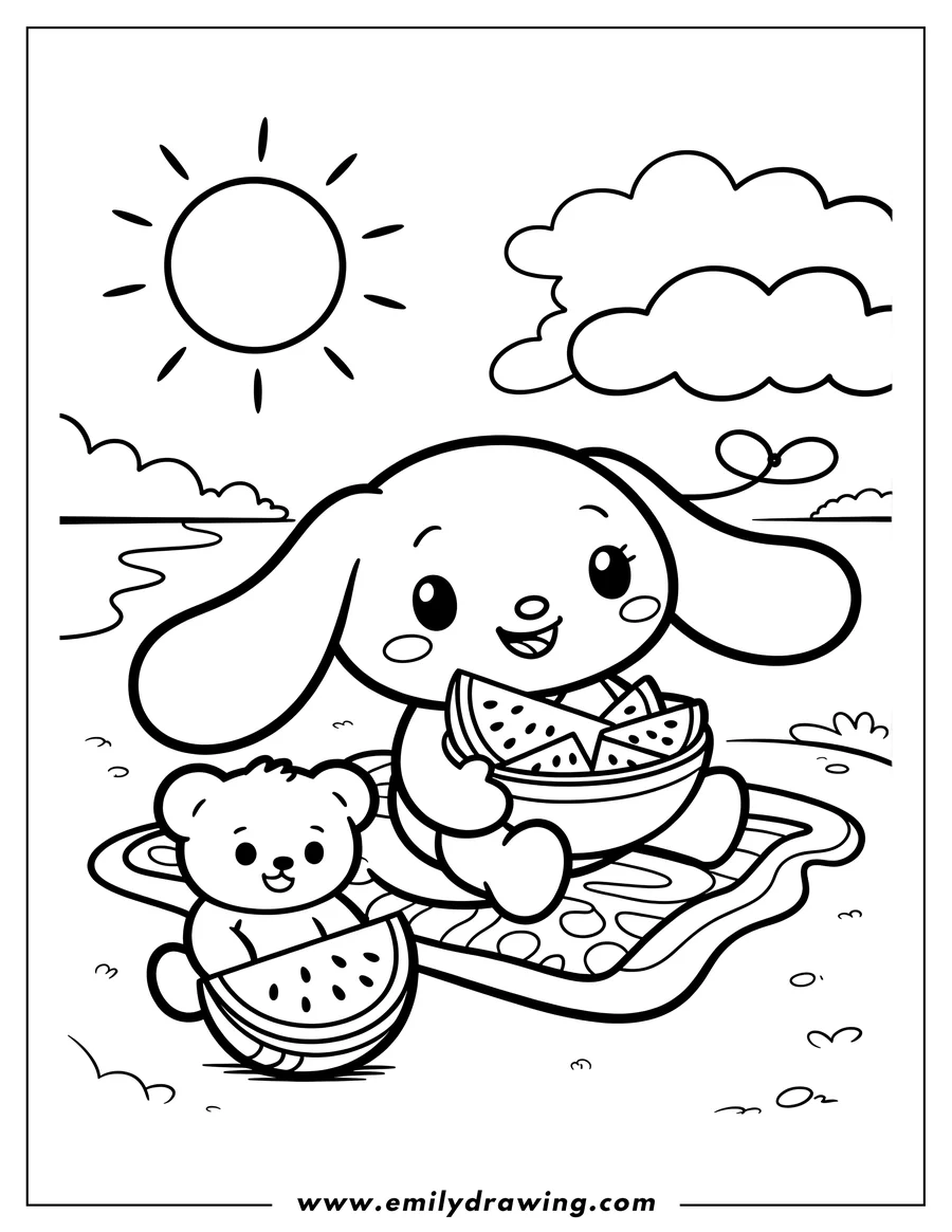 Outline of Cinnamoroll and a small bear enjoying watermelon slices on a picnic blanket by the beach on a sunny day.